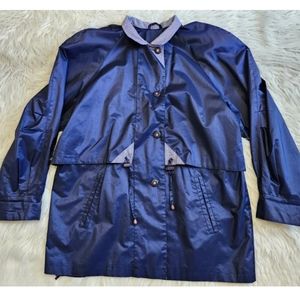 Totes Women Rain Jacket Sz M Blue Gingham Check Waterproof Rainwear Button